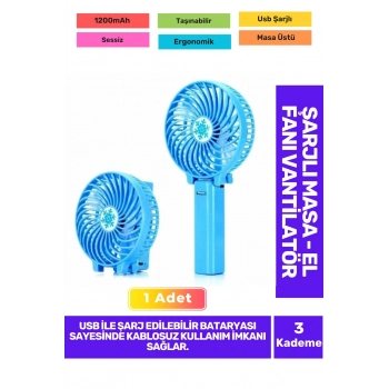 Ultra Sessiz 3 Kademeli Hafif Kablosuz 1200mAh Pervaneli Taşınabilir Usb ŞarjlMasa El Fan Vantilatör