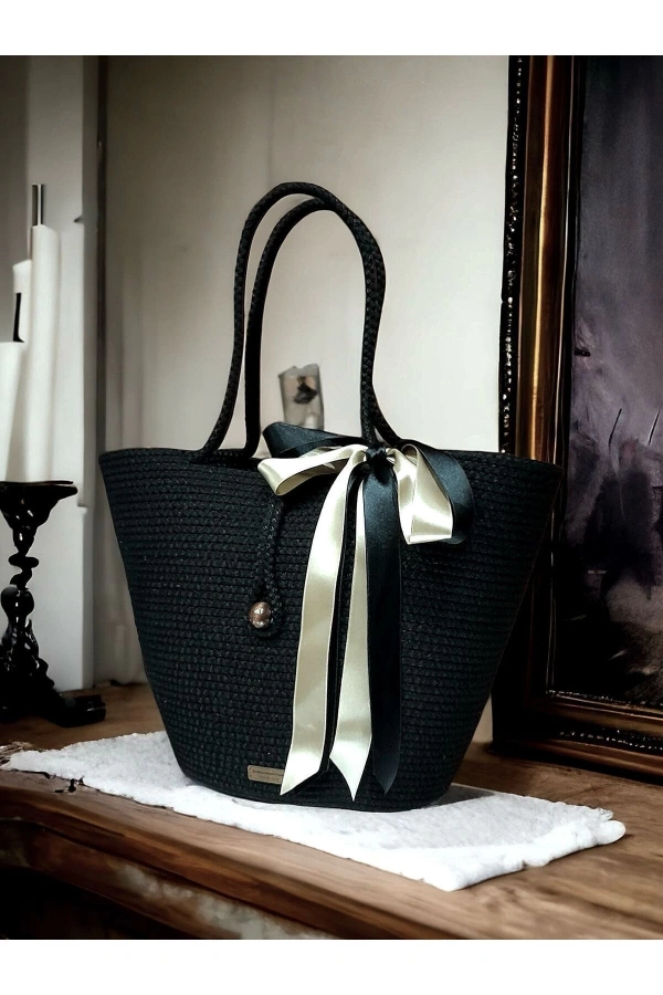 Çanta Plaj Çantası Veya Günlük Kullanıma Uygun Siyah Renk Jüte Çanta