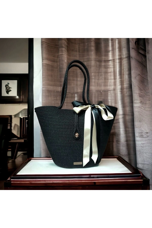 Çanta Plaj Çantası Veya Günlük Kullanıma Uygun Siyah Renk Jüte Çanta