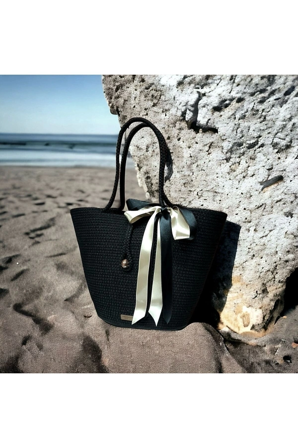 Çanta Plaj Çantası Veya Günlük Kullanıma Uygun Siyah Renk Jüte Çanta