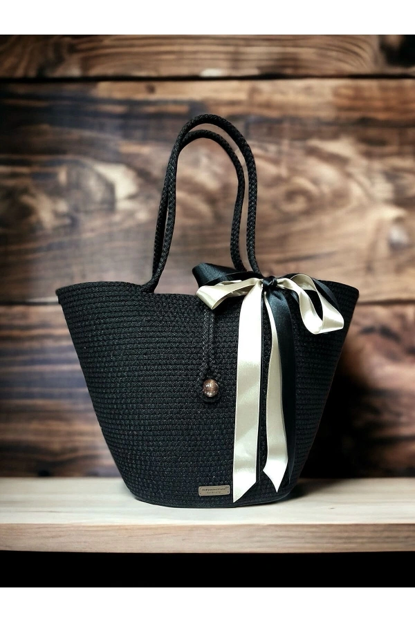Çanta Plaj Çantası Veya Günlük Kullanıma Uygun Siyah Renk Jüte Çanta