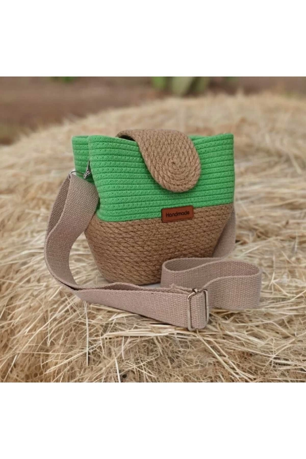 Elyapımı Çanta Hasır Çanta Kadın Omuz Çantası %100 Pamuklu Hasır Jüte Özel Tasarım