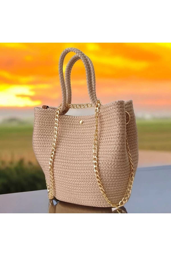 Gold çanta el yapımı hasır gold çanta gold renkli zincir detaylı özel tasarım şık kadın çantası