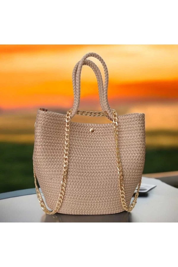 Gold çanta el yapımı hasır gold çanta gold renkli zincir detaylı özel tasarım şık kadın çantası