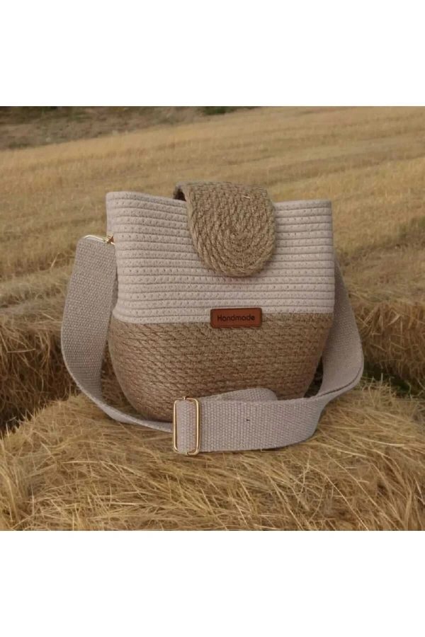 Handmade Bag (ELYAPIMI) Kadın Omuz Çantası %100 Pamuklu Kordon Ve Gerçek Ipden Tasarım Hasır Jüte