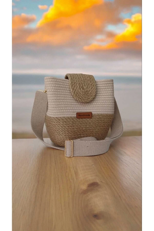 Handmade Bag (ELYAPIMI) Kadın Omuz Çantası %100 Pamuklu Kordon Ve Gerçek Ipden Tasarım Hasır Jüte