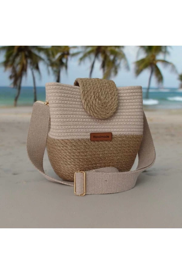 Handmade Bag (ELYAPIMI) Kadın Omuz Çantası %100 Pamuklu Kordon Ve Gerçek Ipden Tasarım Hasır Jüte