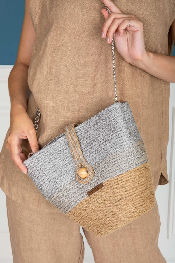 Hasır Çanta Tasarım Midi Boy Gri Çanta ,elite Otantik Kadın Çantası, El Yapımı Çanta Jüte Çanta
