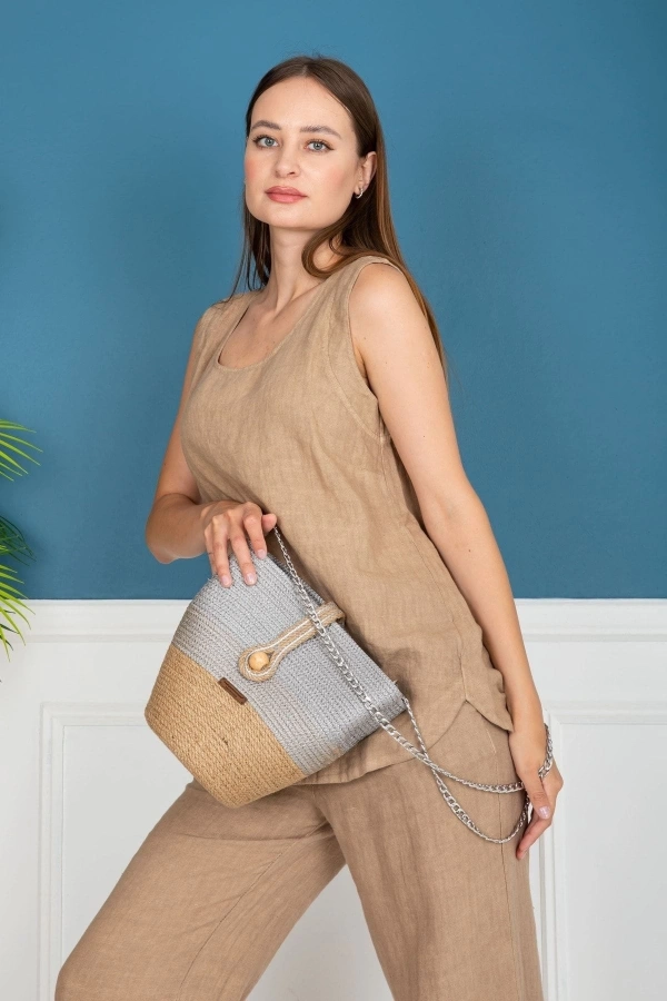 Hasır Çanta Tasarım Midi Boy Gri Çanta ,elite Otantik Kadın Çantası, El Yapımı Çanta Jüte Çanta