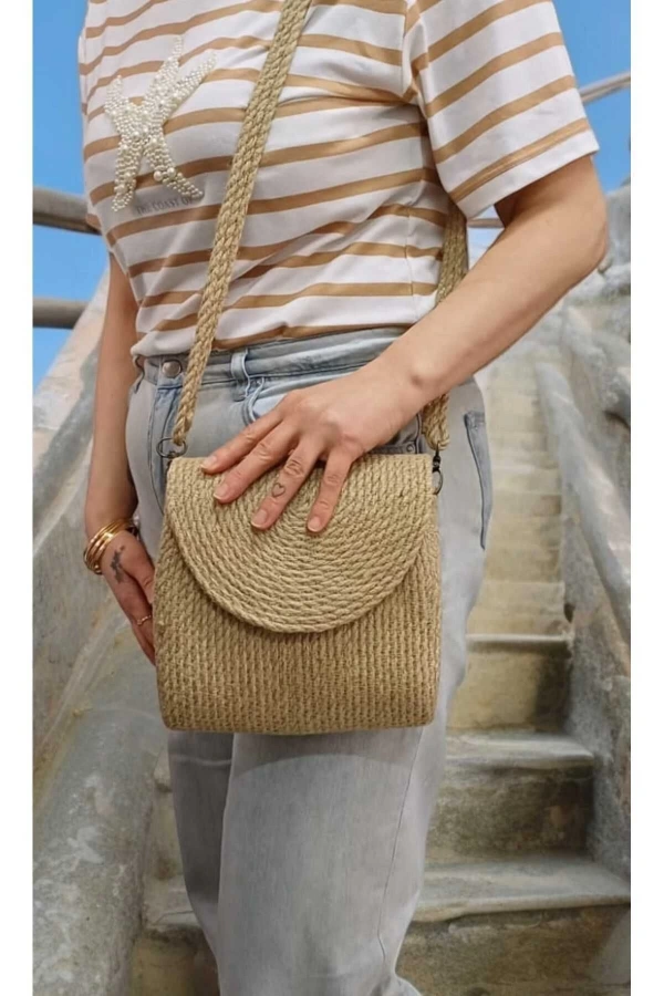 Hasır Kadın Çantası Kapaklı Hasır Çanta Özel Tasarım Jüte Çanta Şık Jüt Çanta Midi Boy