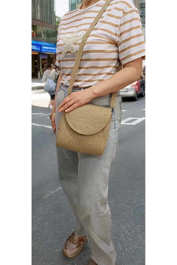 Hasır Kadın Çantası Kapaklı Hasır Çanta Özel Tasarım Jüte Çanta Şık Jüt Çanta Midi Boy