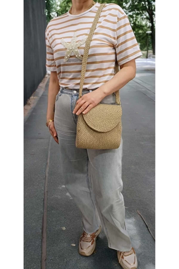 Hasır Kadın Çantası Kapaklı Hasır Çanta Özel Tasarım Jüte Çanta Şık Jüt Çanta Midi Boy