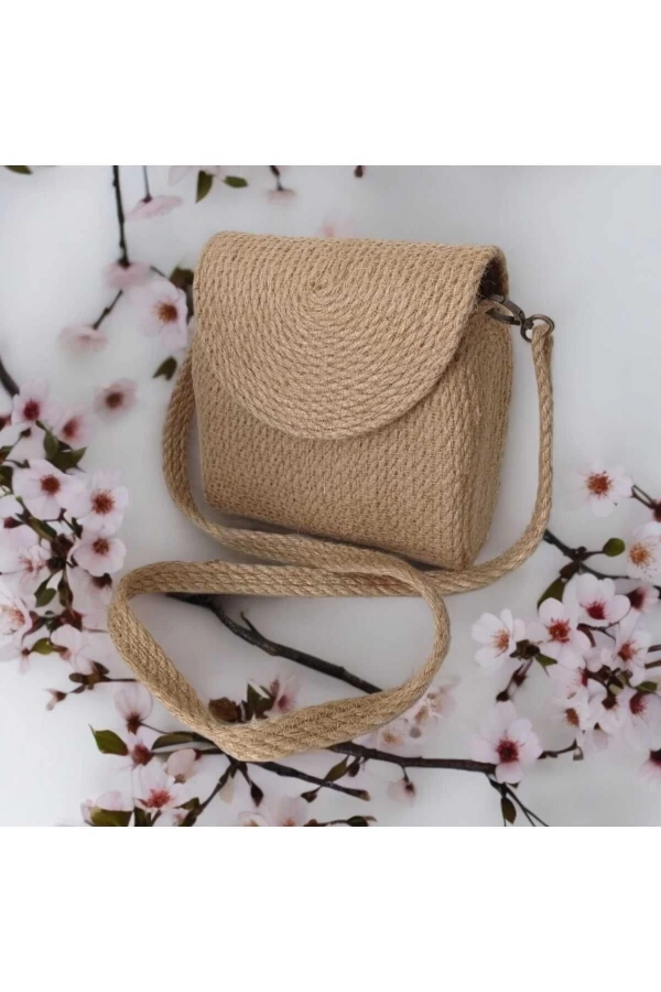 Hasır Kadın Çantası Kapaklı Hasır Çanta Özel Tasarım Jüte Çanta Şık Jüt Çanta Midi Boy