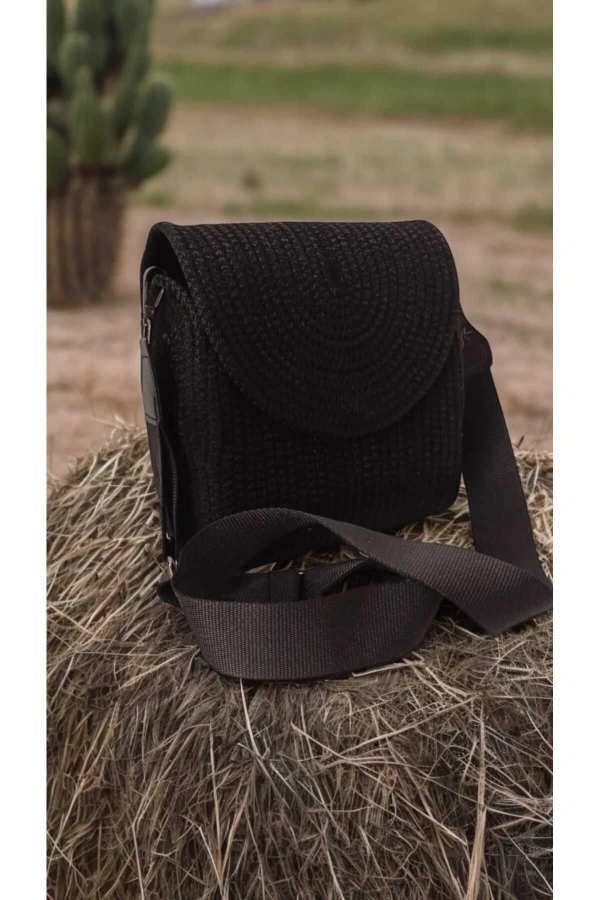 Hasır Kadın Çantası Omuz Çantası Jüte Çanta Siyah Kapaklı Elite Ve Şık Tasarım Midi Boy