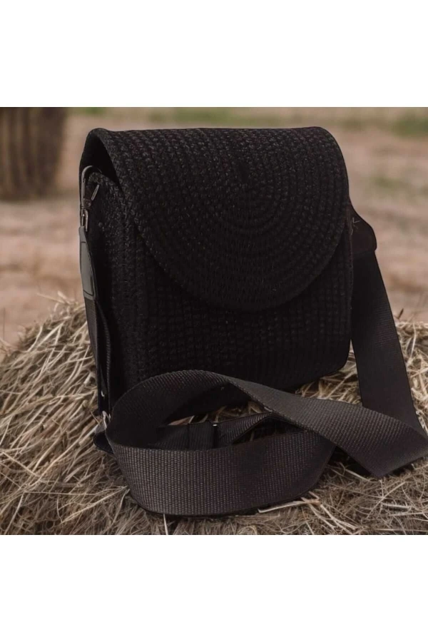 Hasır Kadın Çantası Omuz Çantası Jüte Çanta Siyah Kapaklı Elite Ve Şık Tasarım Midi Boy