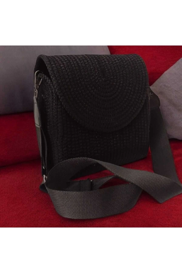 Hasır Kadın Çantası Omuz Çantası Jüte Çanta Siyah Kapaklı Elite Ve Şık Tasarım Midi Boy