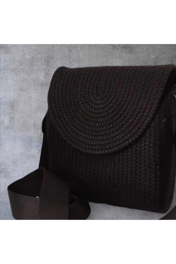 Hasır Kadın Çantası Omuz Çantası Jüte Çanta Siyah Kapaklı Elite Ve Şık Tasarım Midi Boy