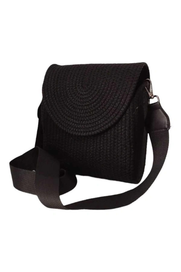 Hasır Kadın Çantası Omuz Çantası Jüte Çanta Siyah Kapaklı Elite Ve Şık Tasarım Midi Boy