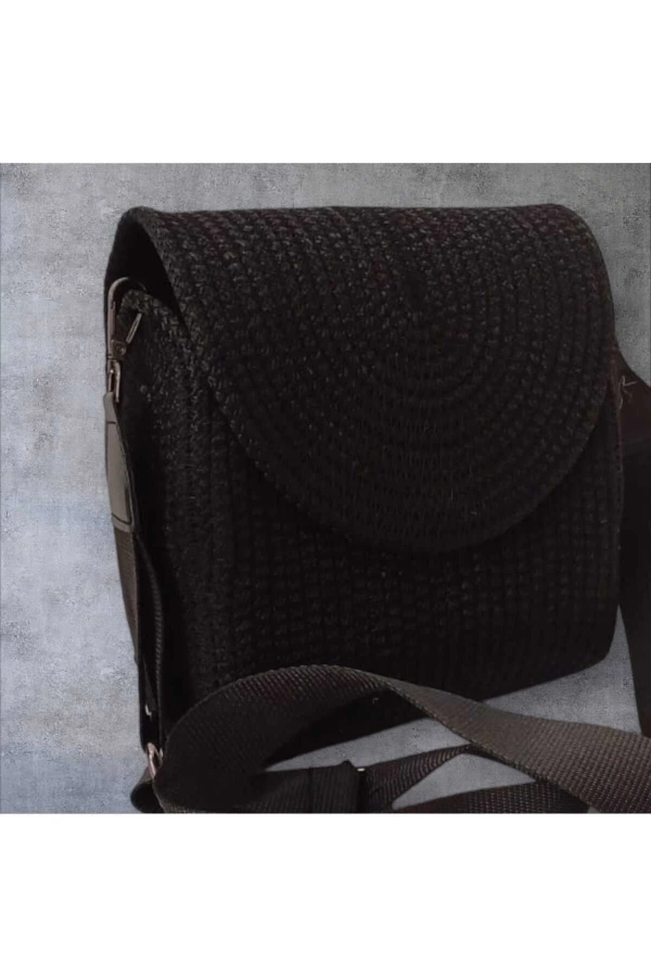 Hasır Kadın Çantası Omuz Çantası Jüte Çanta Siyah Kapaklı Elite Ve Şık Tasarım Midi Boy