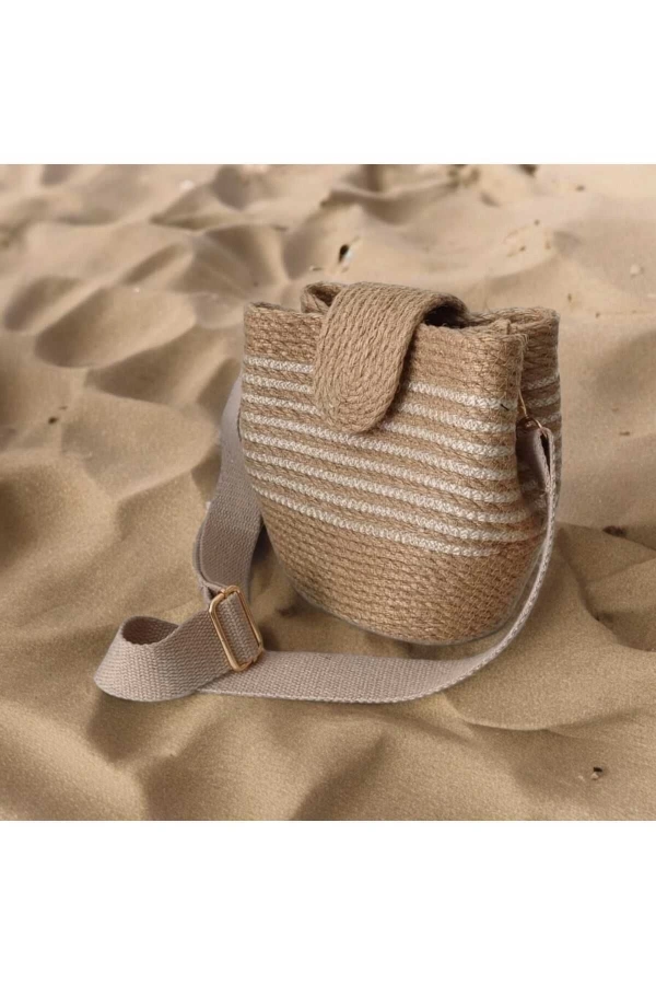 Hasır Kadın Çantası Omuz Çantası Kapaklı Jüte Çanta Midi Boy Özel Tasarım Çanta