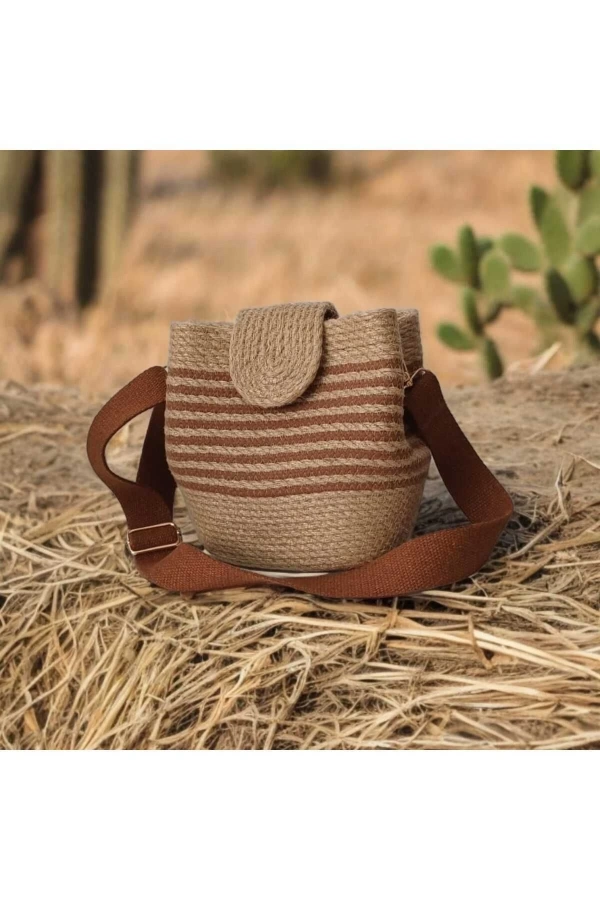 Hasır Kadın Çantası Omuz Çantası Kapaklı Jüte Çanta Midi Boy Özel Tasarım Çanta