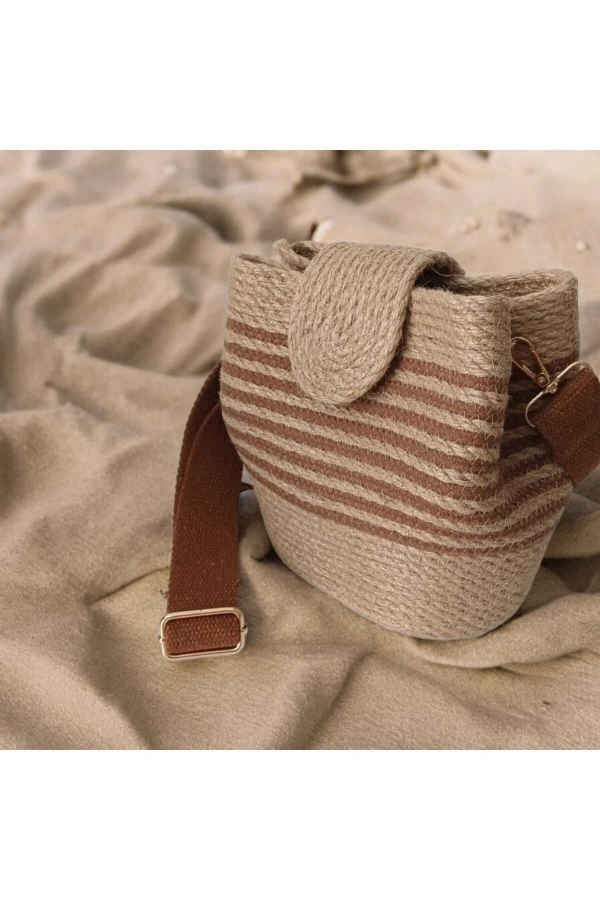 Hasır Kadın Çantası Omuz Çantası Kapaklı Jüte Çanta Midi Boy Özel Tasarım Çanta