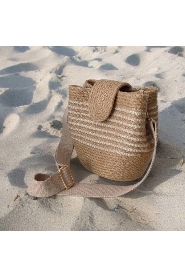 Hasır Kadın Çantası Omuz Çantası Kapaklı Jüte Çanta Midi Boy Özel Tasarım Çanta