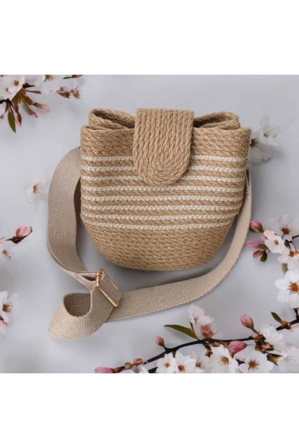 Hasır Kadın Çantası Omuz Çantası Kapaklı Jüte Çanta Midi Boy Özel Tasarım Çanta