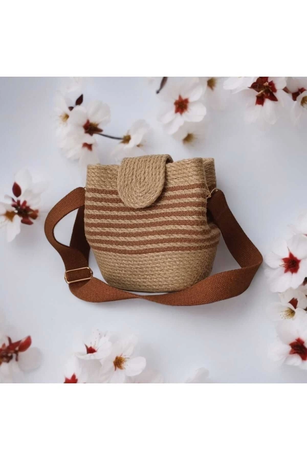 Hasır Kadın Çantası Omuz Çantası Kapaklı Jüte Çanta Midi Boy Özel Tasarım Çanta