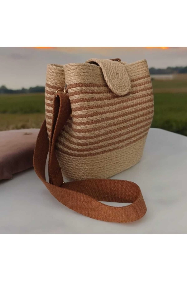 Hasır Şeritli Omuz Çantası Kadın Çantası Jüte Çanta Özel Tasarım Şık Elite Maxi Boy Çanta