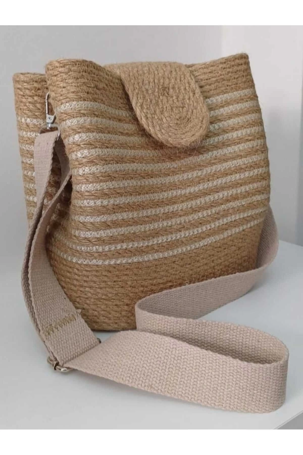 Hasır Şeritli Omuz Çantası Kadın Çantası Jüte Çanta Özel Tasarım Şık Elite Maxi Boy Çanta