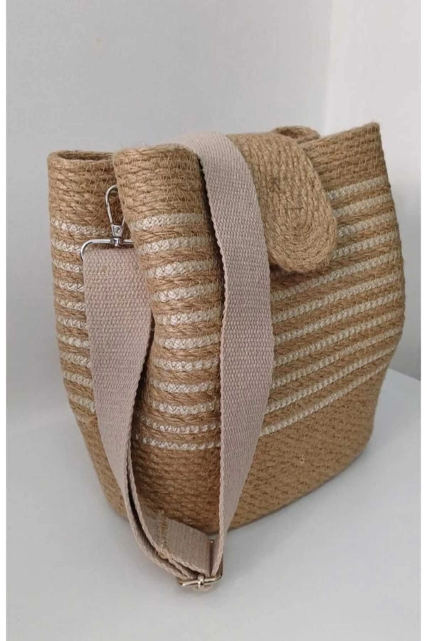 Hasır Şeritli Omuz Çantası Kadın Çantası Jüte Çanta Özel Tasarım Şık Elite Maxi Boy Çanta