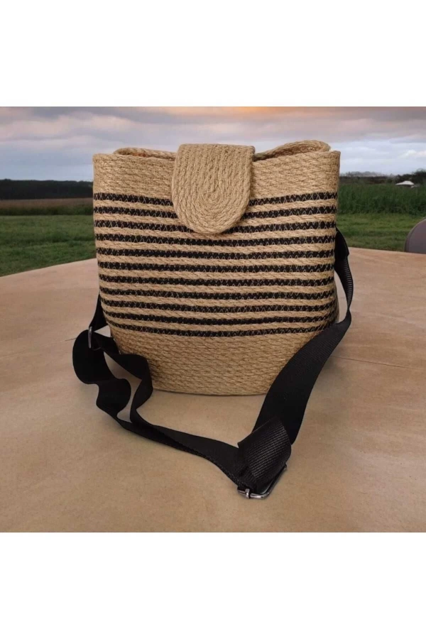 Hasır Şeritli Omuz Çantası Kadın Çantası Jüte Çanta Özel Tasarım Şık Elite Maxi Boy Çanta