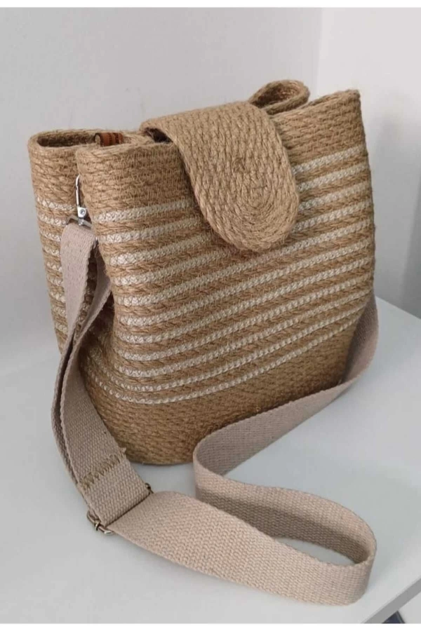 Hasır Şeritli Omuz Çantası Kadın Çantası Jüte Çanta Özel Tasarım Şık Elite Maxi Boy Çanta