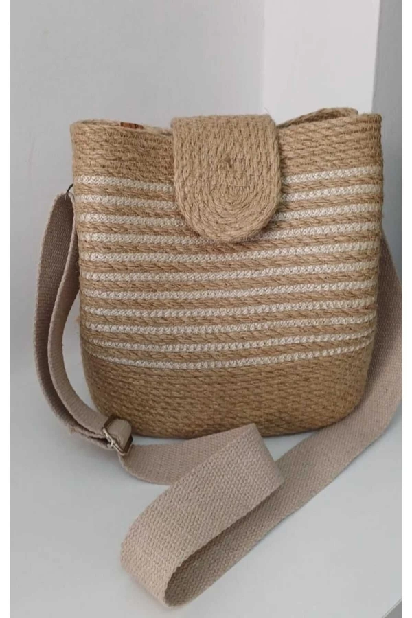 Hasır Şeritli Omuz Çantası Kadın Çantası Jüte Çanta Özel Tasarım Şık Elite Maxi Boy Çanta