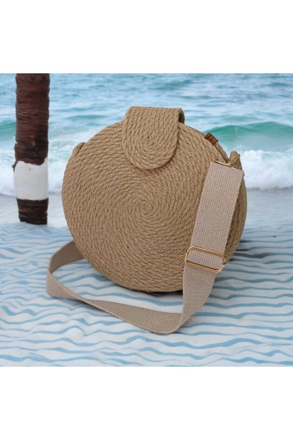 hasır yuvarlak kadın omuz çantası jute hasır doğal tasarım