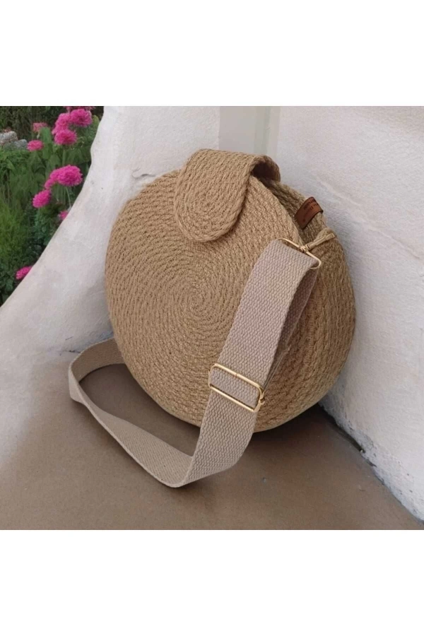 hasır yuvarlak kadın omuz çantası jute hasır doğal tasarım