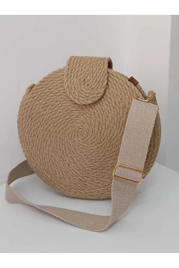 hasır yuvarlak kadın omuz çantası jute hasır doğal tasarım