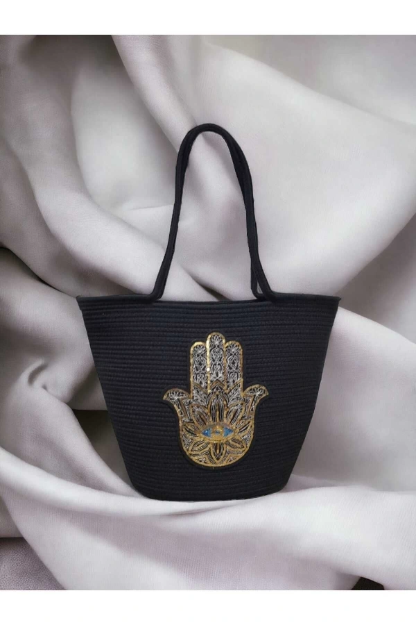 Kol Çantası Plaj Çantası Özel Tasarım Hz Fatmanın Eli Motifli Siyah Jüte Çanta