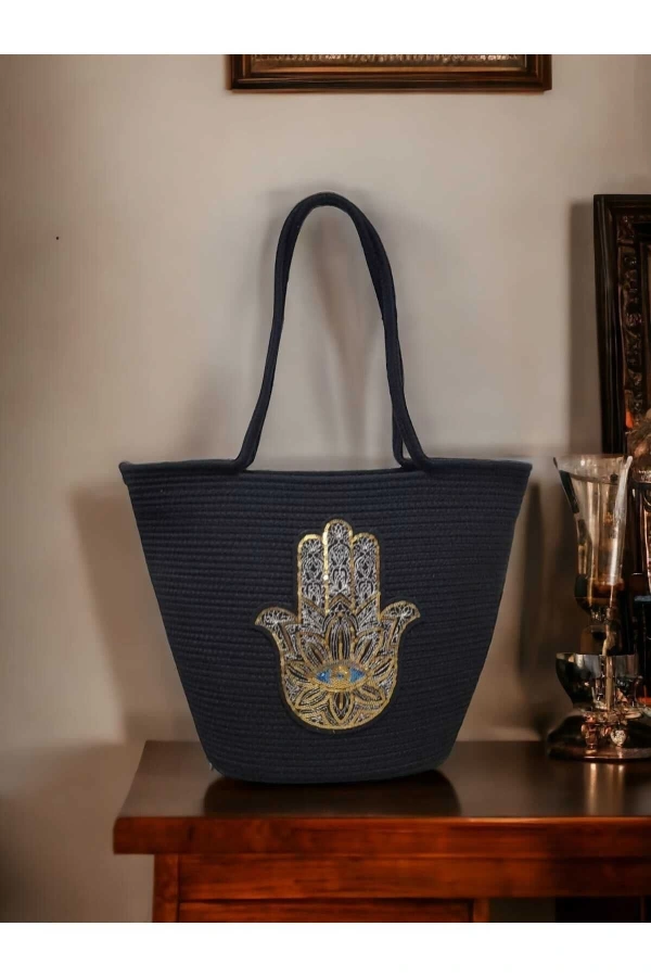 Kol Çantası Plaj Çantası Özel Tasarım Hz Fatmanın Eli Motifli Siyah Jüte Çanta