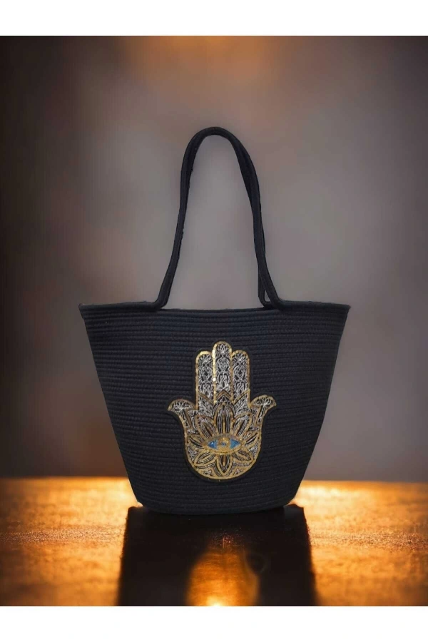 Kol Çantası Plaj Çantası Özel Tasarım Hz Fatmanın Eli Motifli Siyah Jüte Çanta