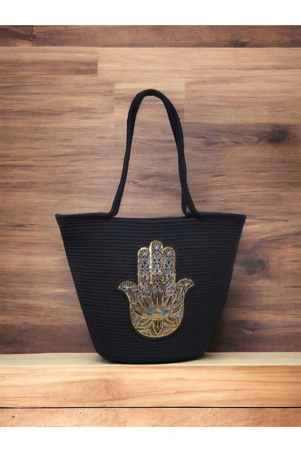 Kol Çantası Plaj Çantası Özel Tasarım Hz Fatmanın Eli Motifli Siyah Jüte Çanta