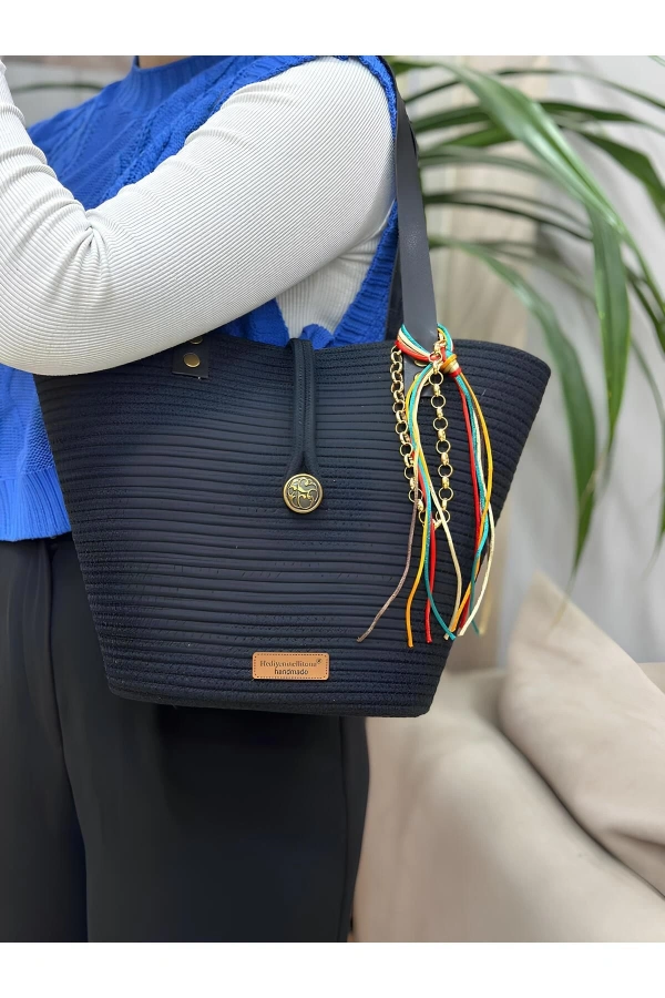 Siyah Kol Çantası Deri Saplı Jüt Hasır Siyah Pamuk Jüte Çanta