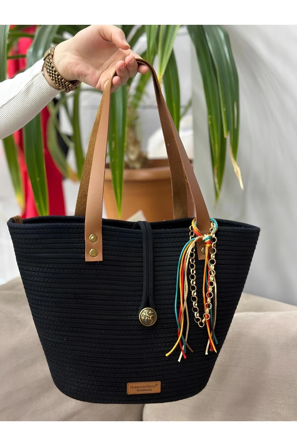 Siyah Kol Çantası Deri Saplı Jüt Hasır Siyah Pamuk Jüte Çanta