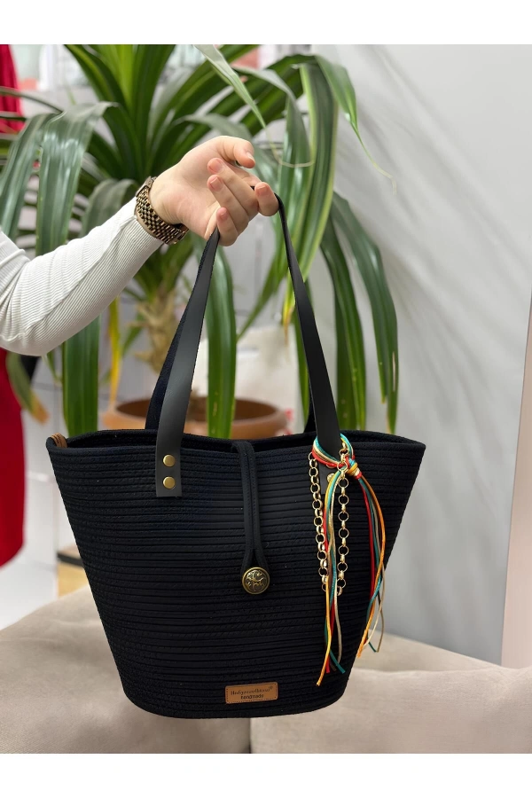 Siyah Kol Çantası Deri Saplı Jüt Hasır Siyah Pamuk Jüte Çanta