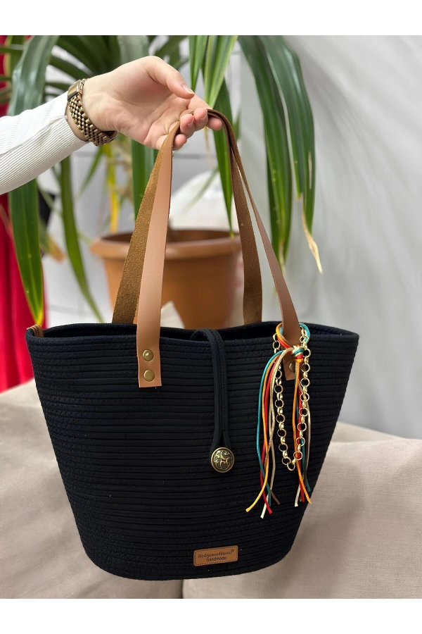 Siyah Kol Çantası Deri Saplı Jüt Hasır Siyah Pamuk Jüte Çanta