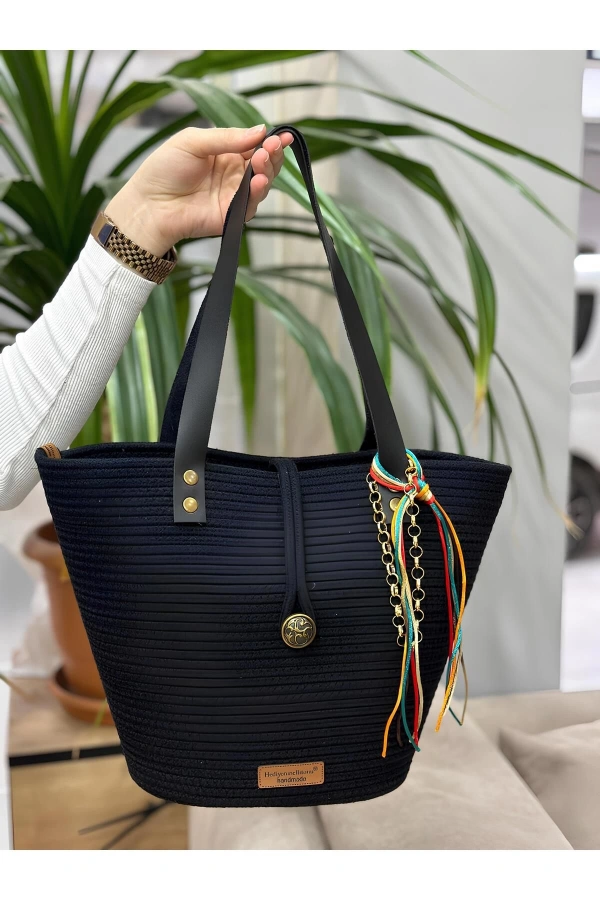 Siyah Kol Çantası Deri Saplı Jüt Hasır Siyah Pamuk Jüte Çanta