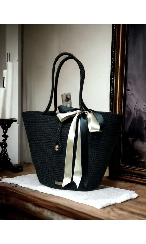 Çanta Plaj Çantası Veya Günlük Kullanıma Uygun Siyah Renk Jüte Çanta