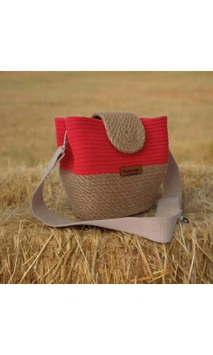 Elyapımı Çanta Hasır Çanta Kadın Omuz Çantası %100 Pamuklu Hasır Jüte Özel Tasarım