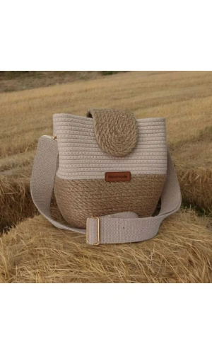 Handmade Bag (ELYAPIMI) Kadın Omuz Çantası %100 Pamuklu Kordon Ve Gerçek Ipden Tasarım Hasır Jüte